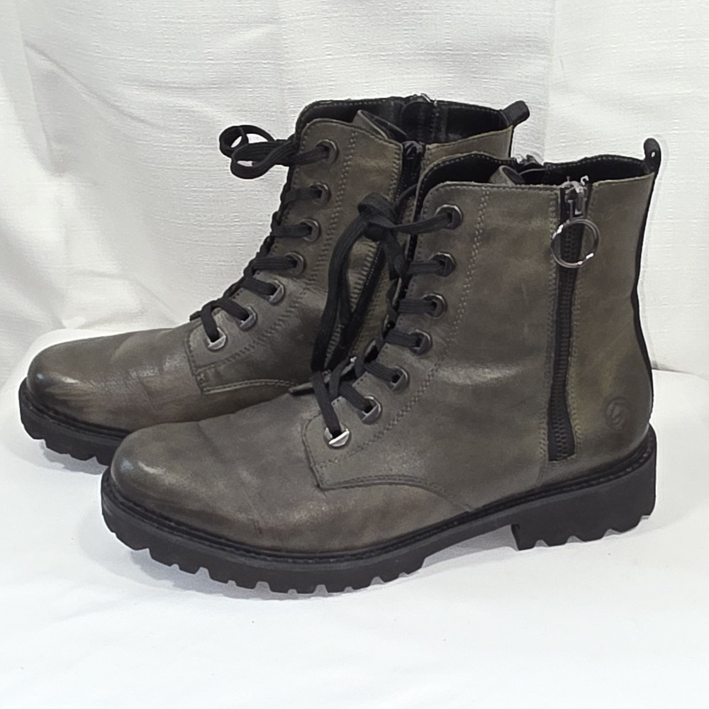 Remonte Vinyl Double Side Zip Lace Up Ankle Combat Boot Green Womens EU 41 US 10